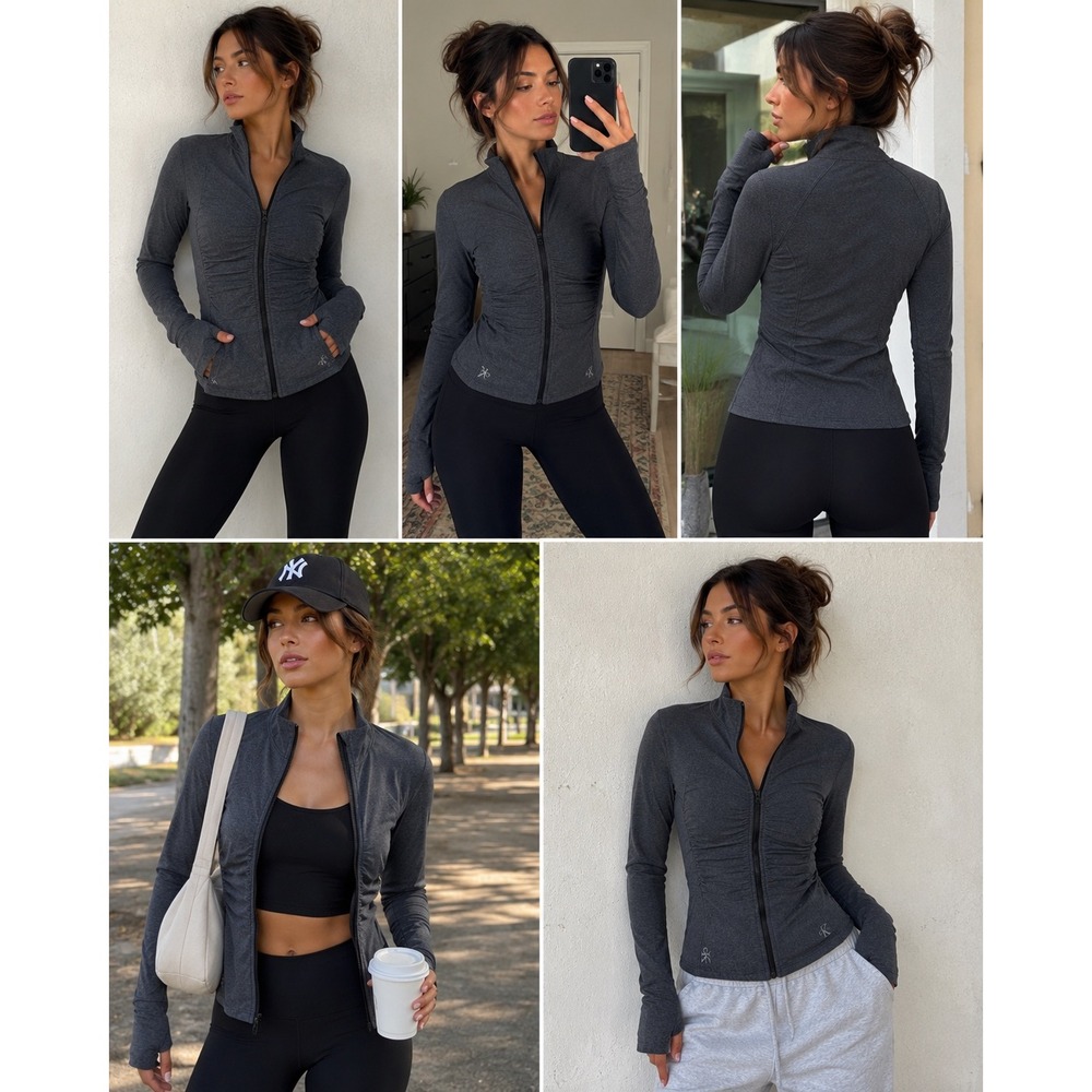 Calvin Klein Performance Ruched Full Zip Jacket Charcoal Grey Thumbholes Small - Picture 1 of 10